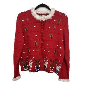 Vintage 90s Berek Red Christmas Cardigan Sweater M Embroidered Beaded Holiday